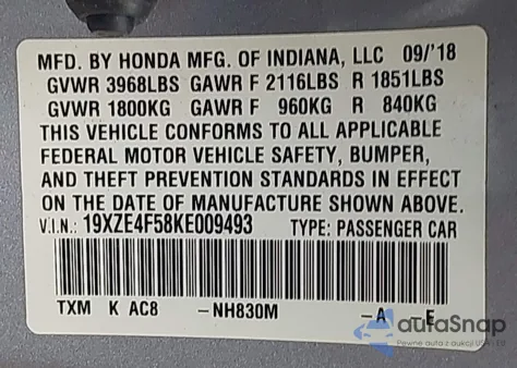 2019 Honda Insight Ex из США, поврежденный, VIN 19XZE4F58KE009493